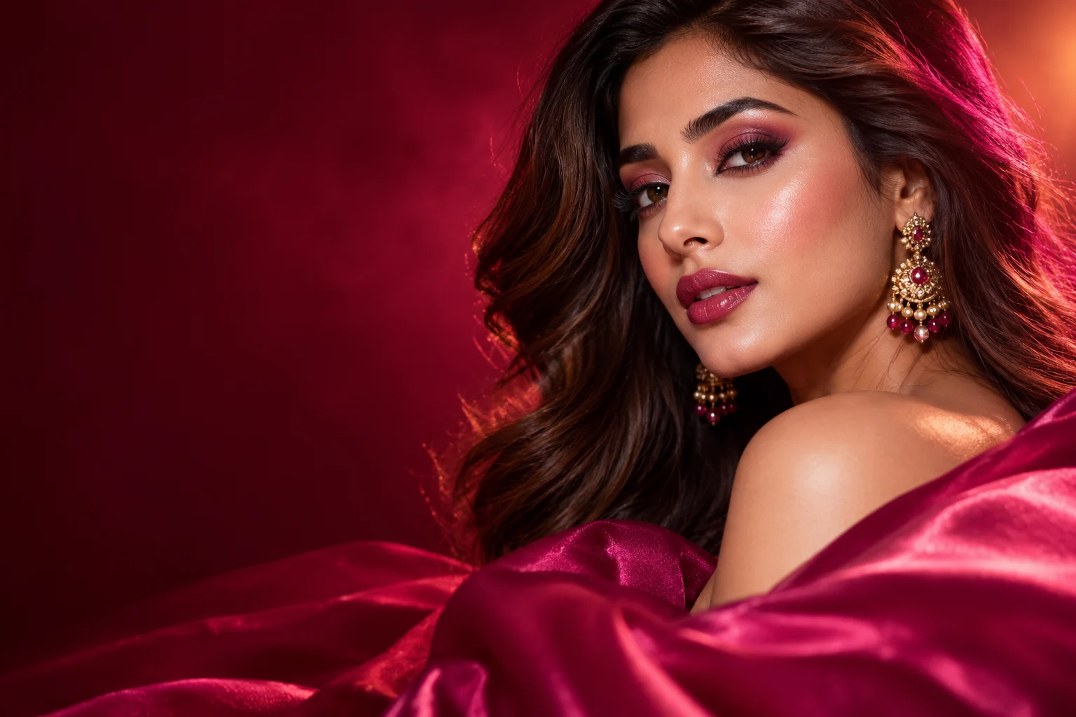 Beauty campaign portrait with magenta makeup and flowing satin